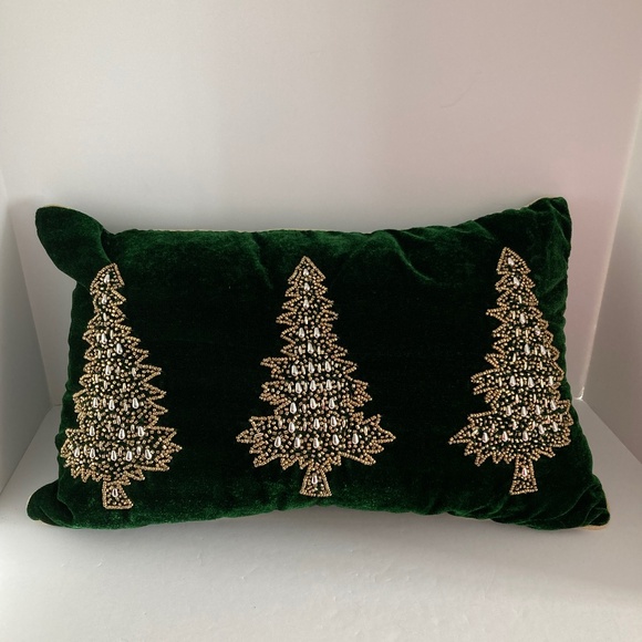 Rachel Ashwell Velvet Beaded Christmas Trees Throw Pillow 14x22 Green EUC
